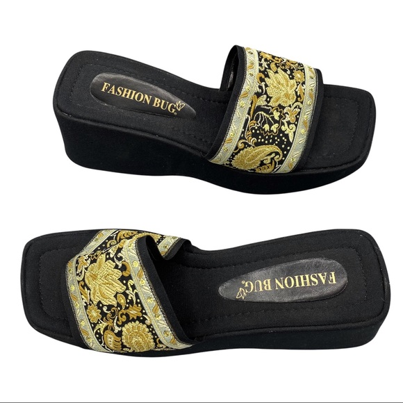 Vintage Fashion Bug Tapestry Black Square Toe Chunky Platform Slip On Sandals 9 - Picture 5 of 12